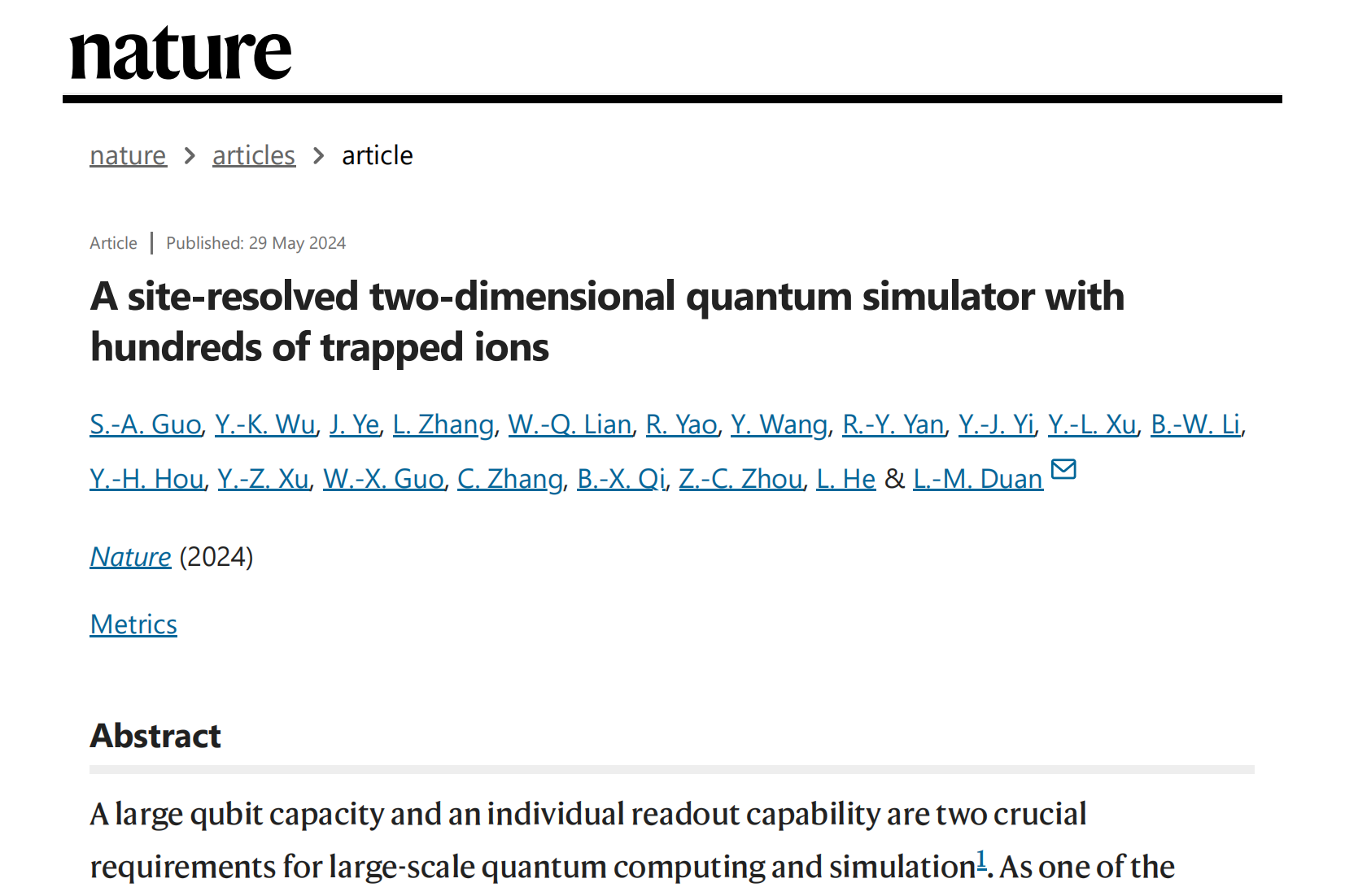 Prof. Luming Duan’s group achieved largest-scale ion trap quantum simulation